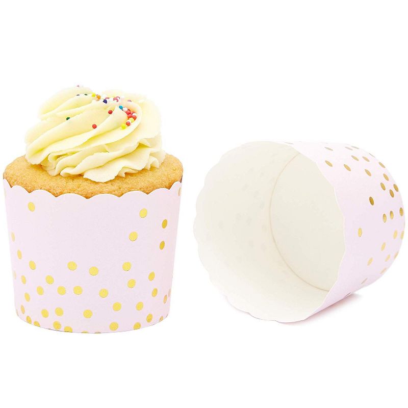 Sparkle and Bash 50 Pack Muffin Liners - Pink and Gold Foil Polka Dots Cupcake Wrappers Paper Baking Cups