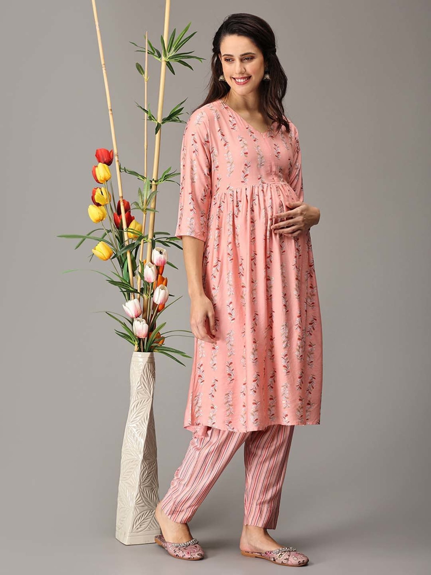 The Mom Store Peach Floral Print Maternity Kurta Pant Set