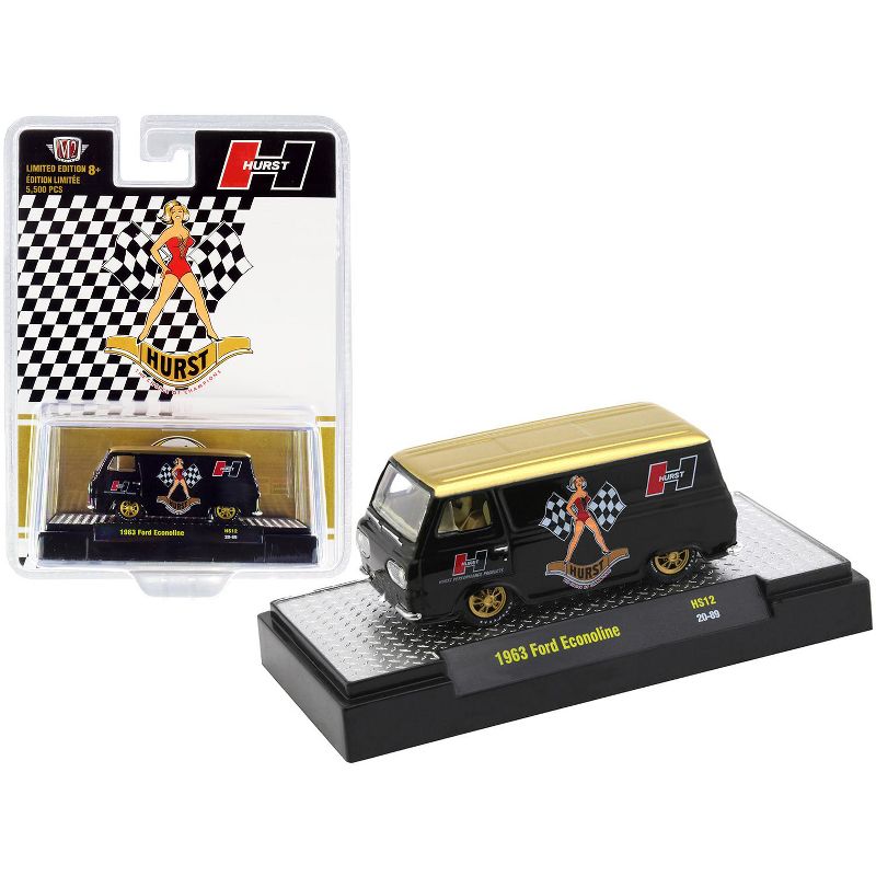 1963 Ford Econoline Van "Hurst" Black with Gold Top Limited Edition to 5500 pieces 1/64 Diecast Model Car by M2 Machines