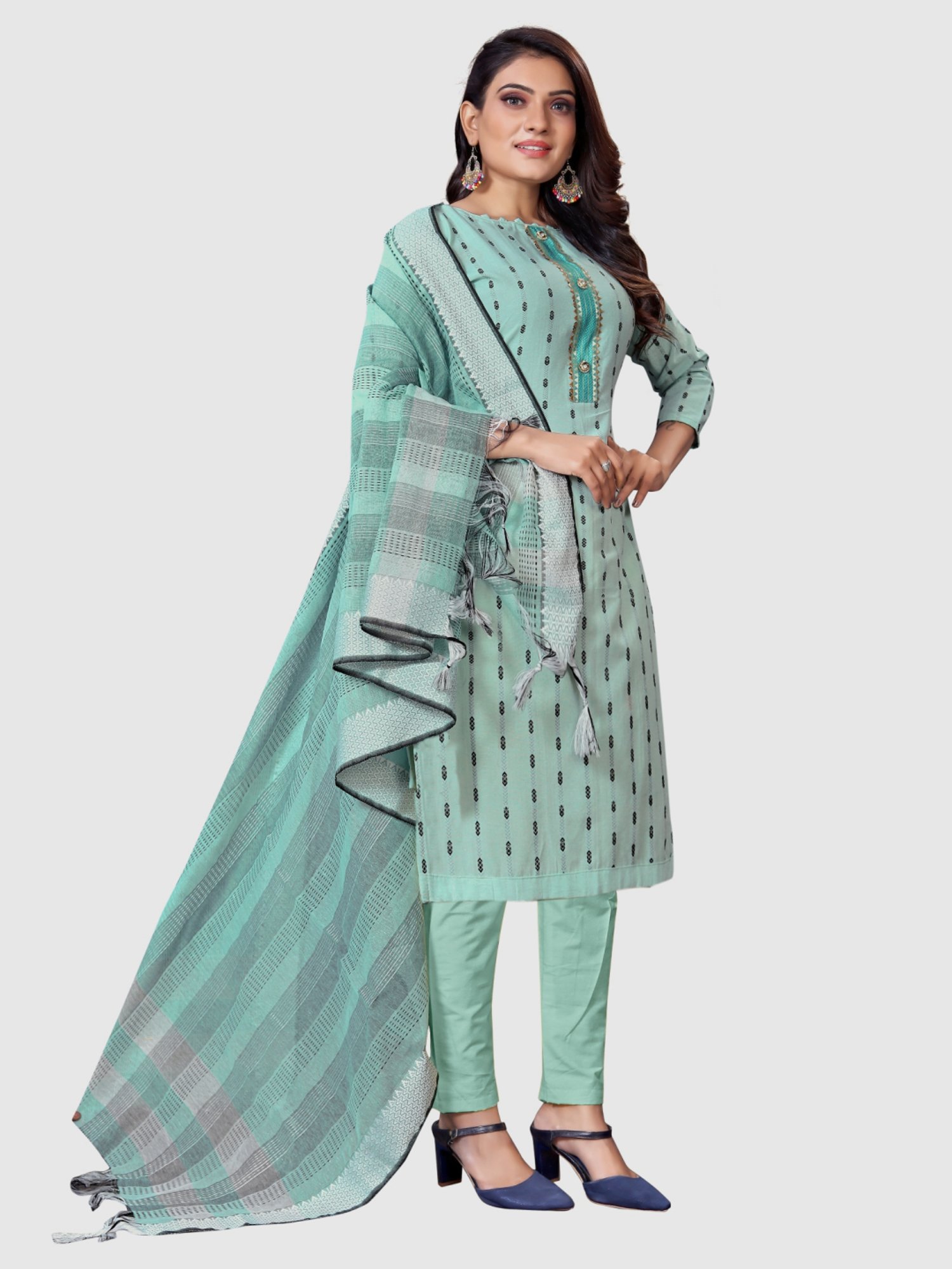 APNISHA Sage Green Cotton Woven Pattern Unstitched Dress Material