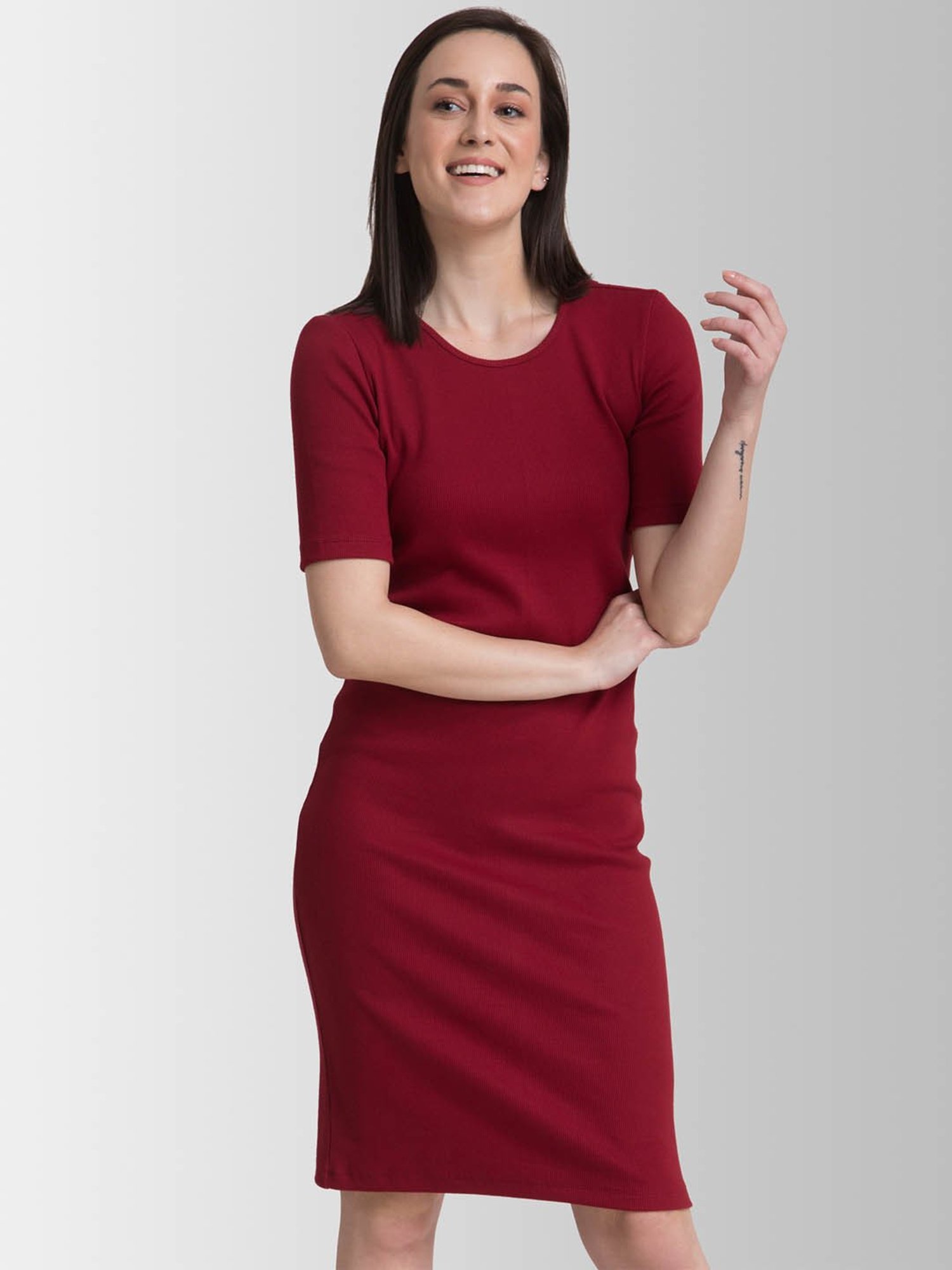 FableStreet Maroon Above Knee Bodycon Dress