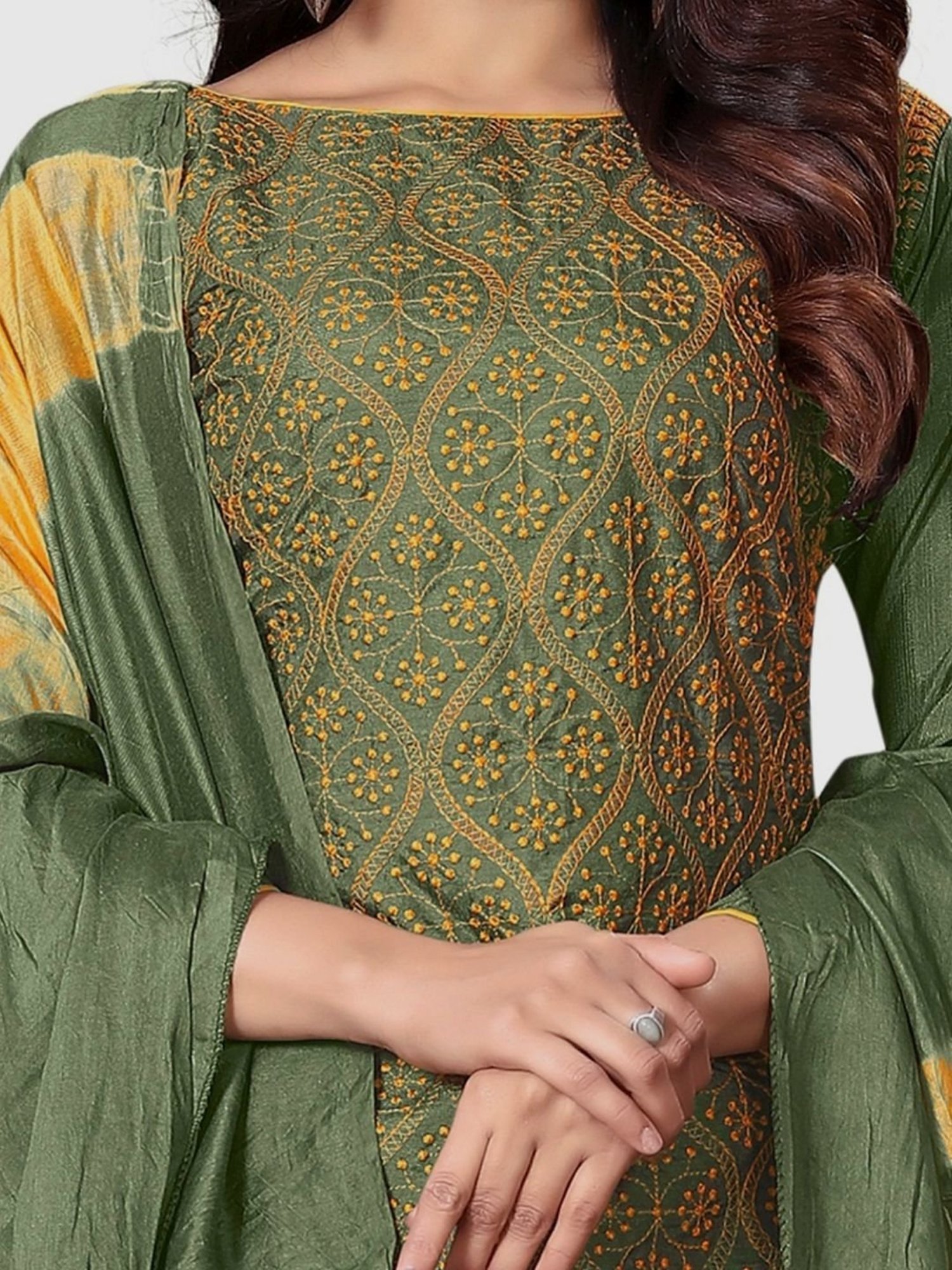 APNISHA Green & Yellow Embroidered Unstitched Dress Material