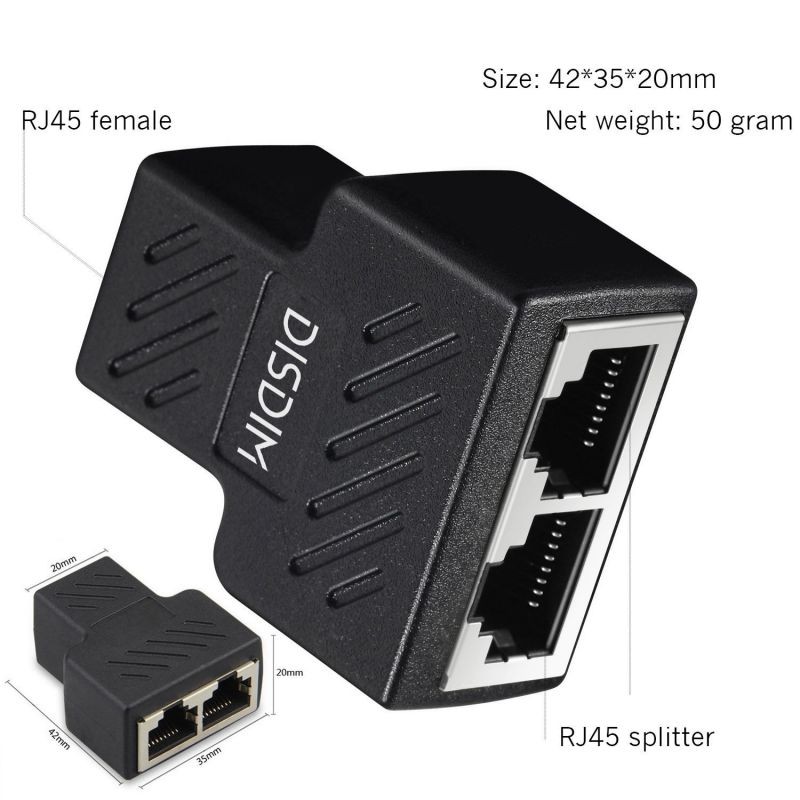 RJ45 Splitter, DISDIM RJ45 Adapter 1 to 2 Ethernet Splitter Connector with Shield [Anti-signal interference] for Cat 5 Cat 6 Network Cable (Black)