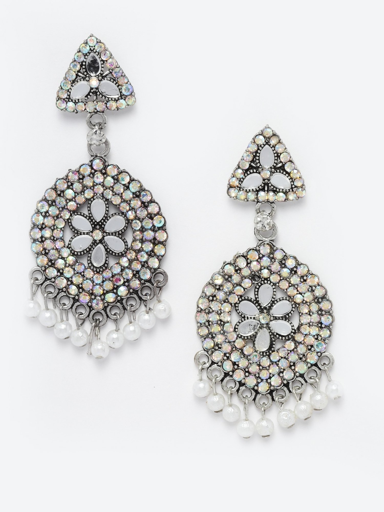 Moedbuille Crystal Studded Antique Design Silver-Plated Handcrafted Chand Bali Earrings