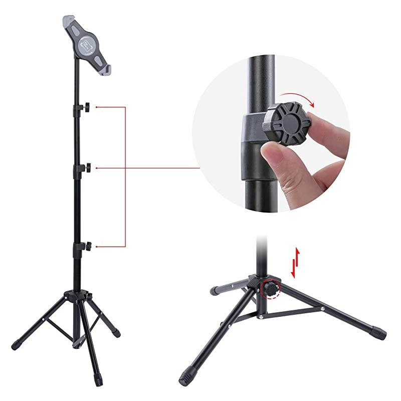 iPad Tripod Stand Holder Indoor Outdoor Foldable Bluetooth Control Floor Mount Tablet Stand 360 Rotating Height Adjustable for More 7 to 12 Inch Tablets Carrying Case Phone Holder as Gifts