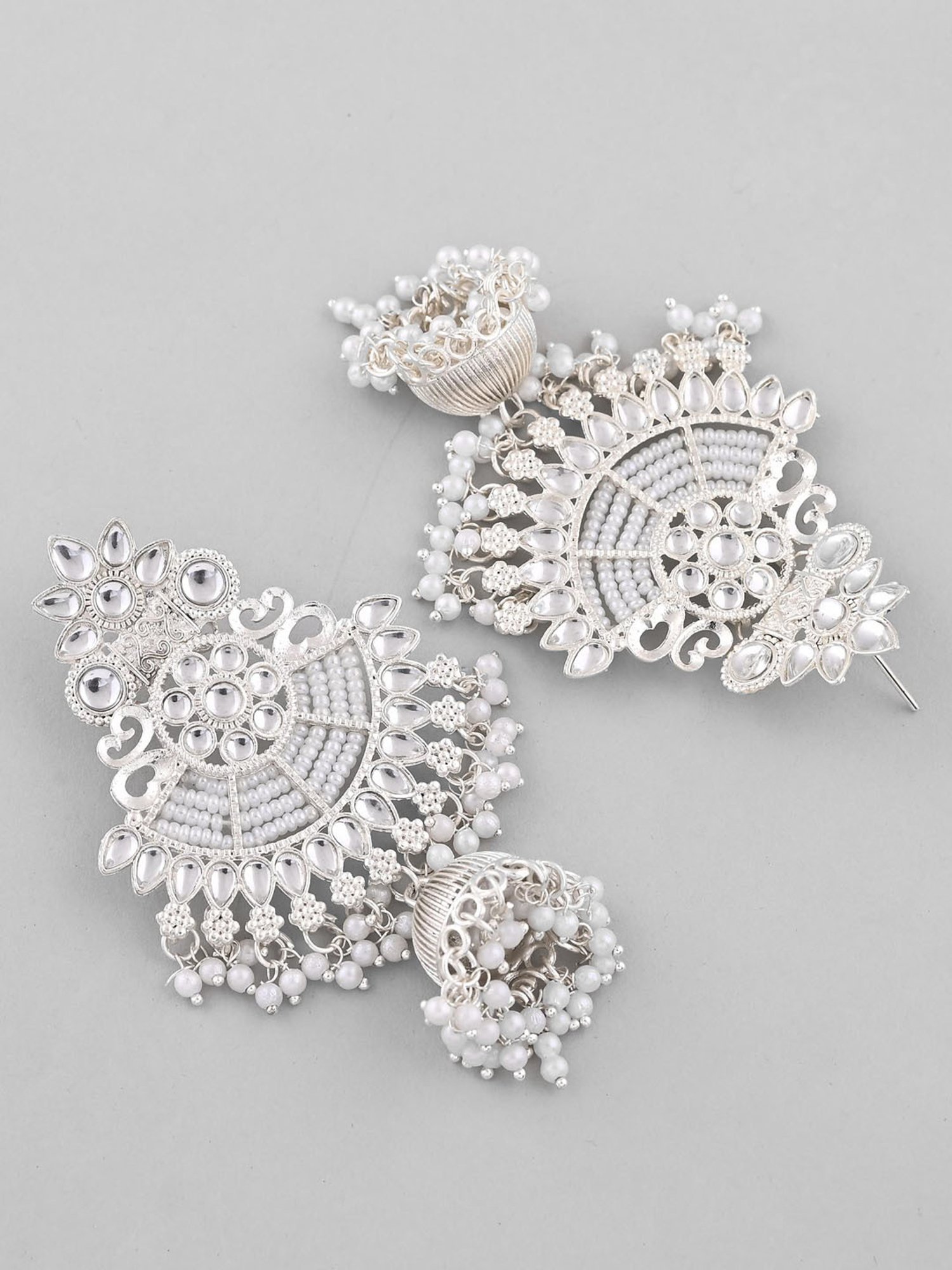 VOJ Silver Plated Kundan Contemporary Jhumka Earrings for Women