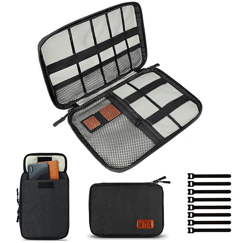 Cable Organizer Bag Electronics Accessories Carry Cases Portable Cord Organizer Bag for Cable Charger Phone USB SD Cardwith 8pcs Cable Ties Black