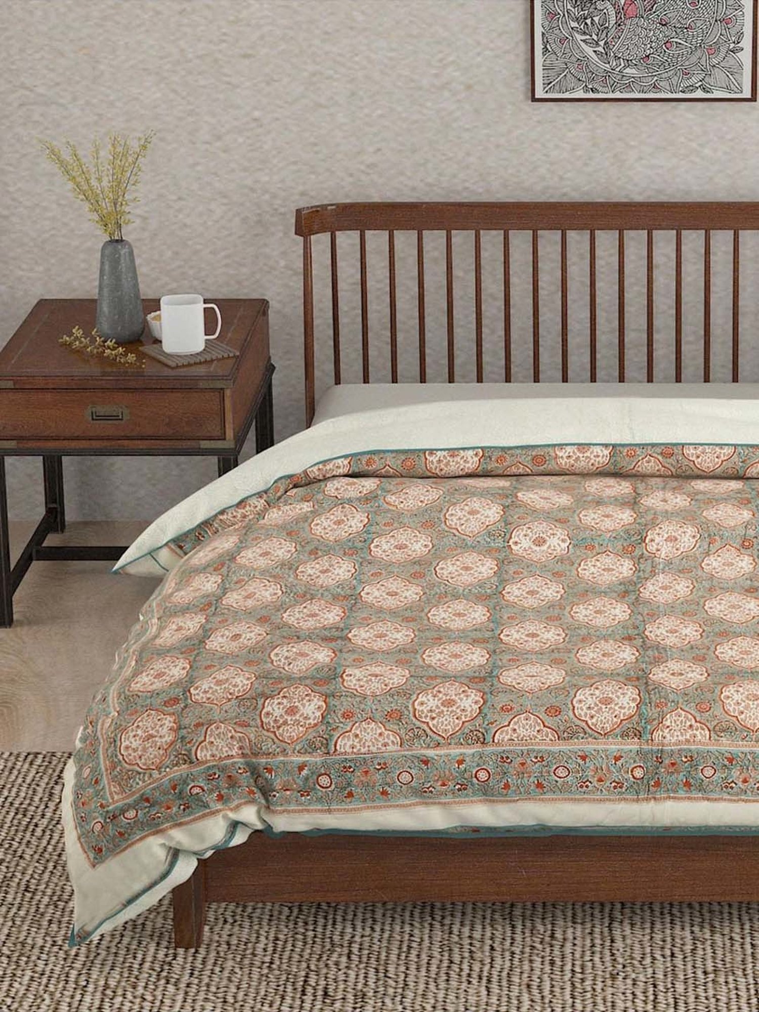 Maspar Vincent Green & Blue Cotton 120 TC Reversible Quilt - Set of 1