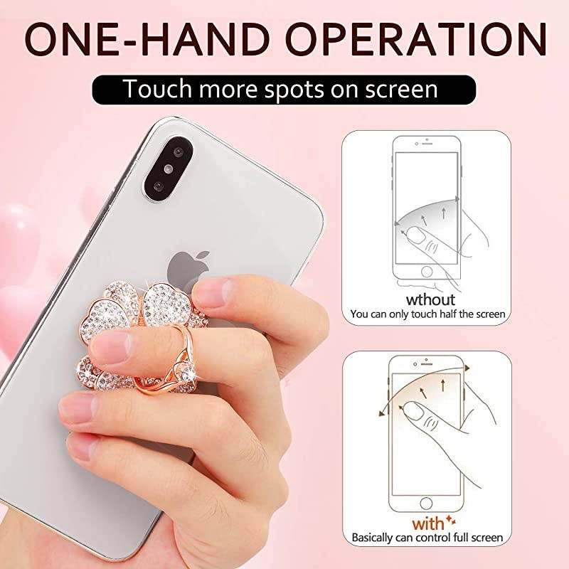 Phone Finger Ring Holder with Bling Crystals,  Heart Lucky Clover Phone Ring Kickstand [Washable] [Removable], 360&deg;Rotation Zinc Alloy Ring Grip Stand for Phones and Tablets (Rose Gold)