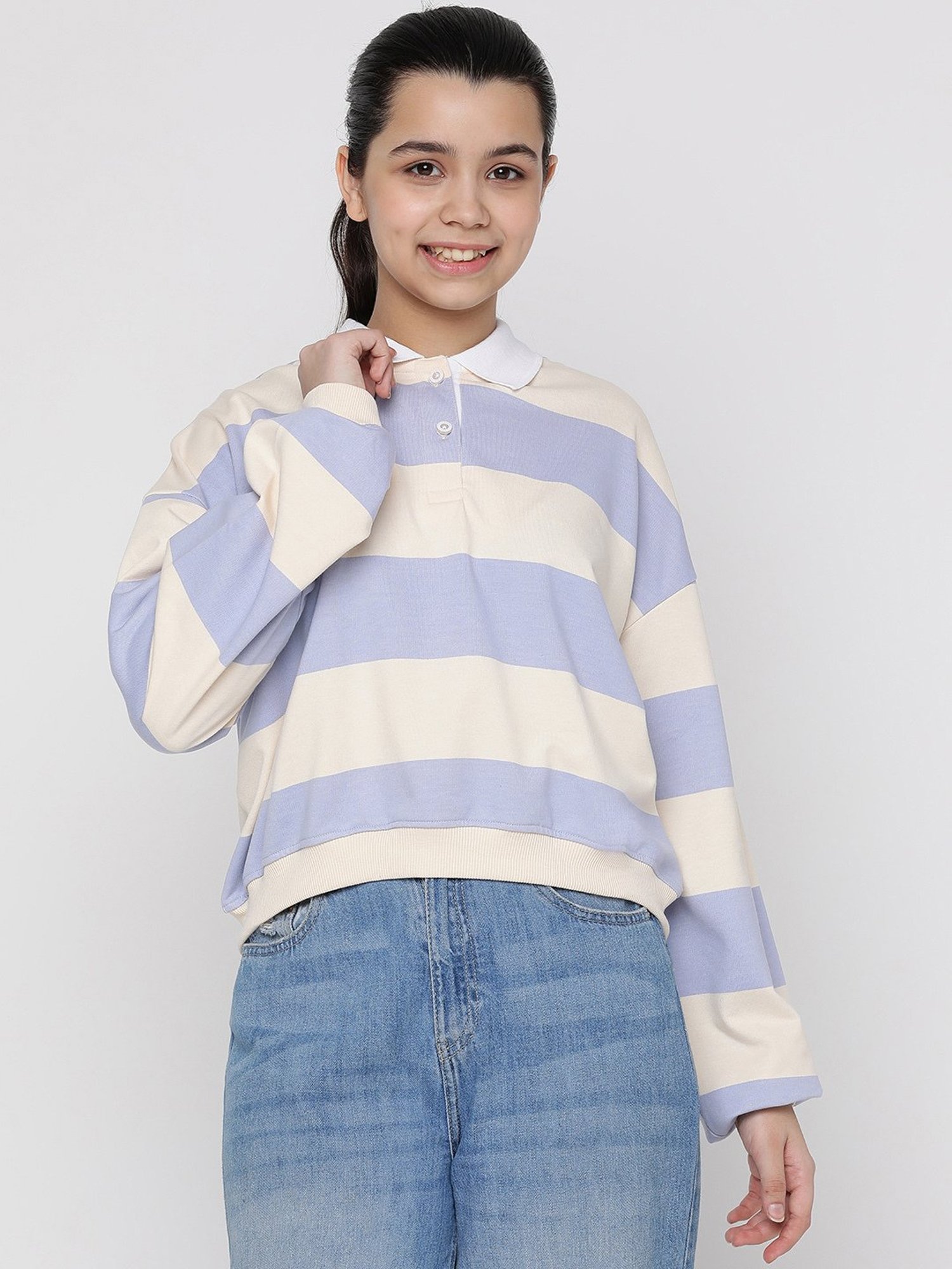Lil Tomatoes Kids Blue & Cream Striped Full Sleeves Sweatshirt