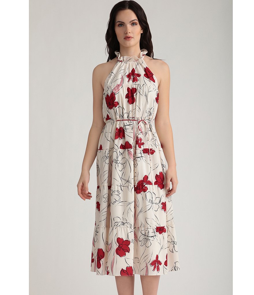 Maggy London Halter Floral Tie Waist Midi Dress