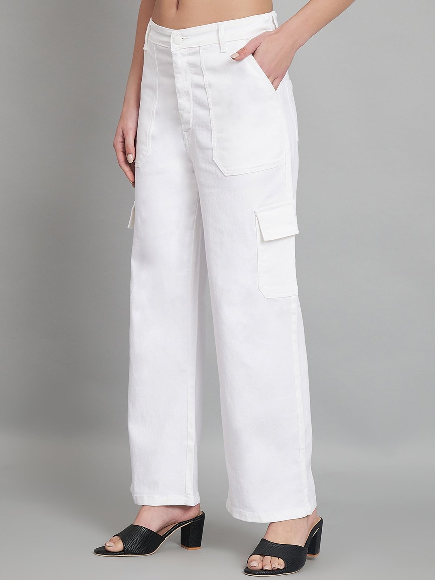 Angelfab White Cotton Relaxed Fit High Rise Cargo Jeans