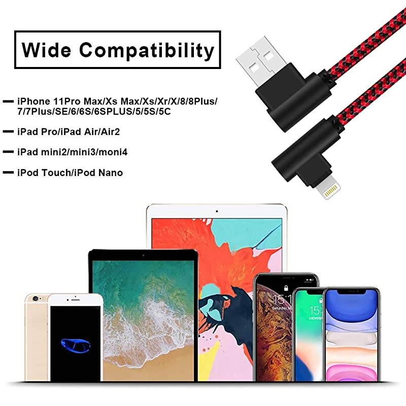 Degree Lightning Cable 10 FT Right Angle 3 Pack iPhone Charger Cable Charging and Syncing Cord Extra Long Nylon Braided for iPhoneiPad Red Black10Foot