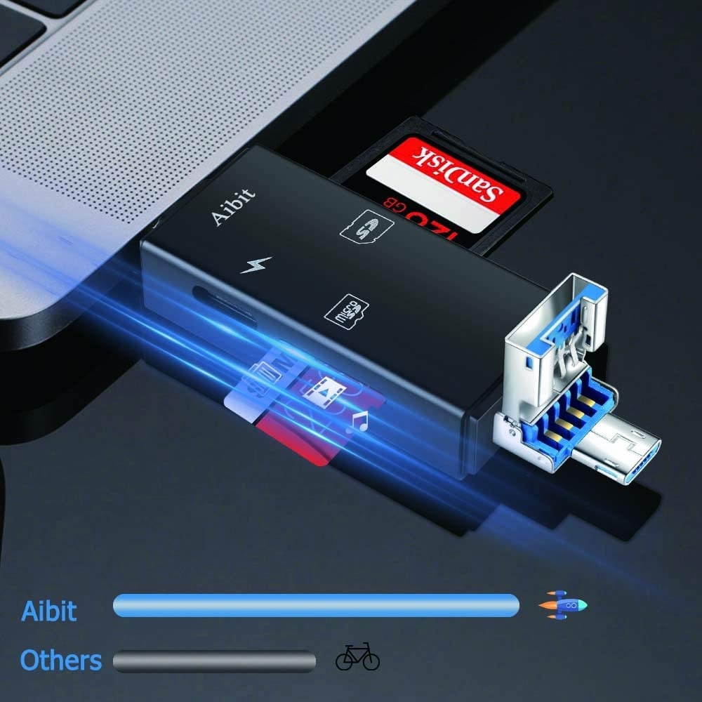 Aibit SD Card Reader for iPhone iPad Android Mac Computer Laptop Hunting Cam GoproTF Memory Micro SD Card Adapter for Trail Game Camera ViewerCompatible to iPhone iPad Charging (Black)