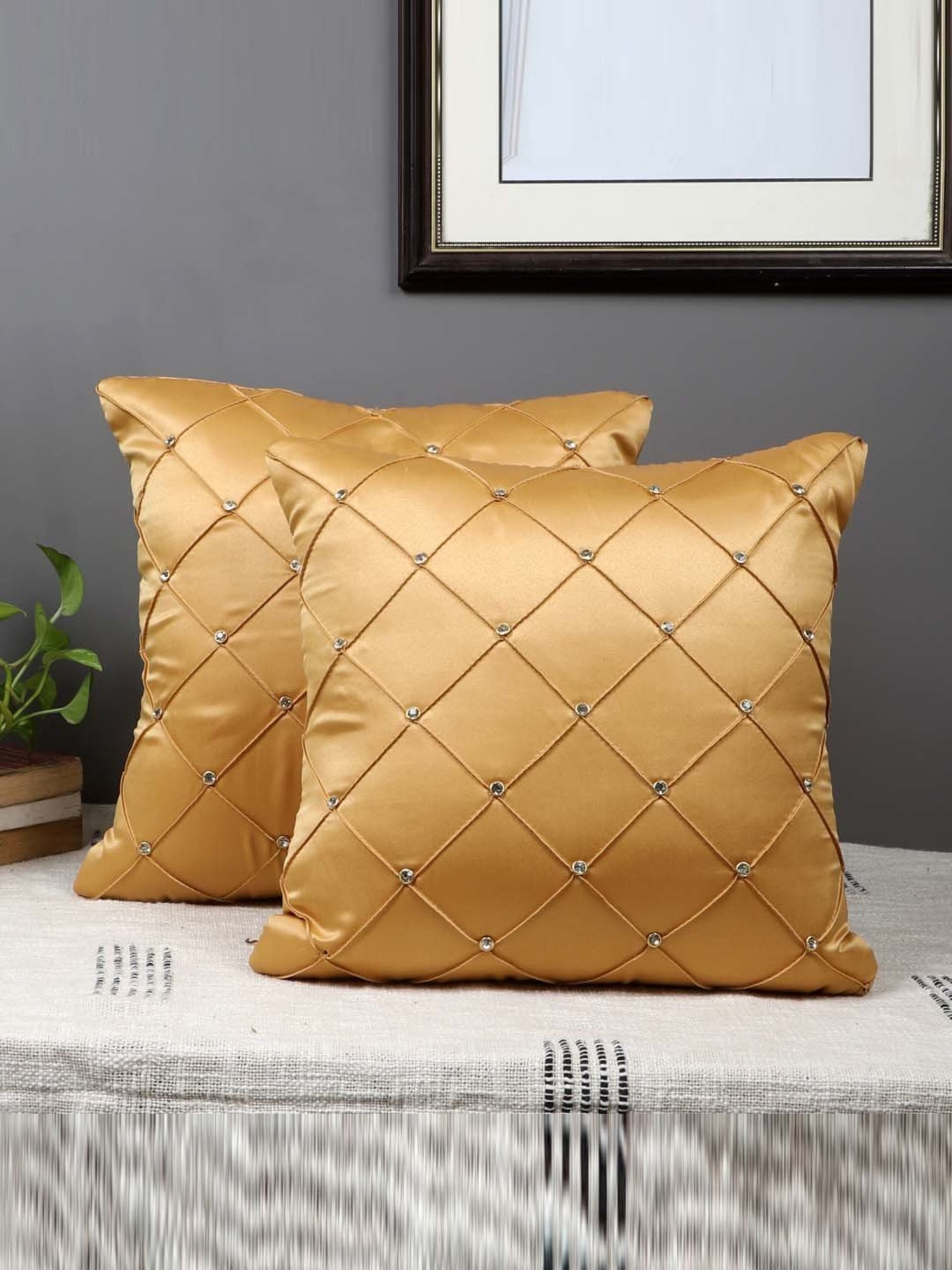 MFD HOME Furnishing Beige Satin Cushion Cover - Set of 2