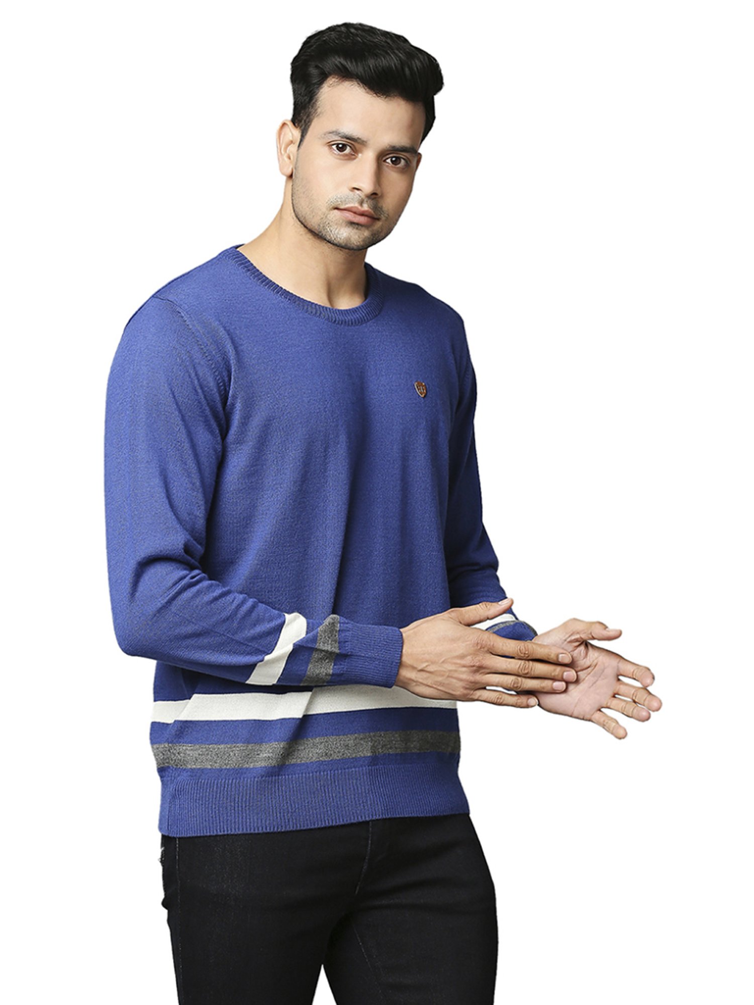 Raymond Blue  Regular Fit Striped Sweaters