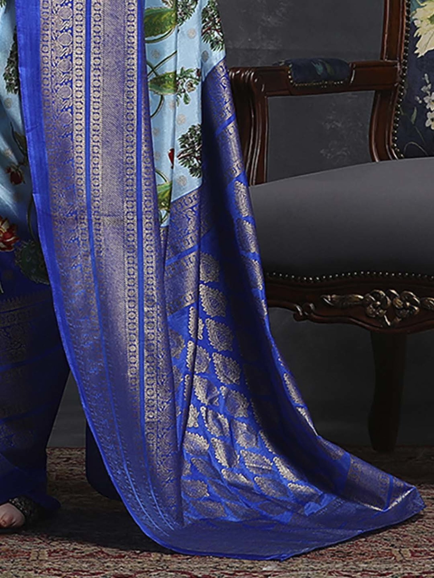 Saree Mall Blue Silk Printed Saree With Unstitched Blouse