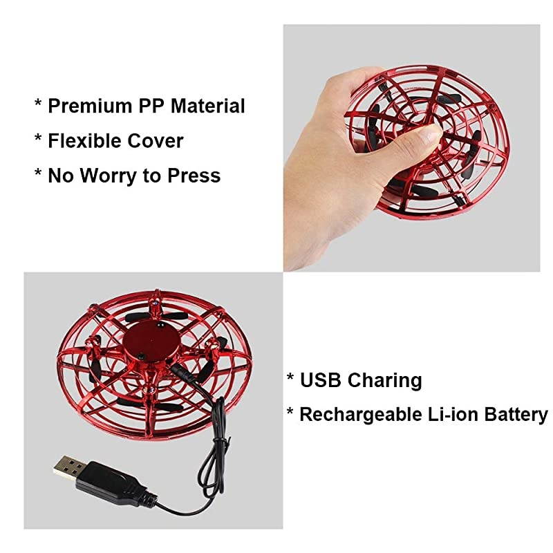 Toys Kids Flying Drones Mini Hand Controlled Flying Ball Drone with 2 Speed and LED Light for Kids and Girls Gift Red