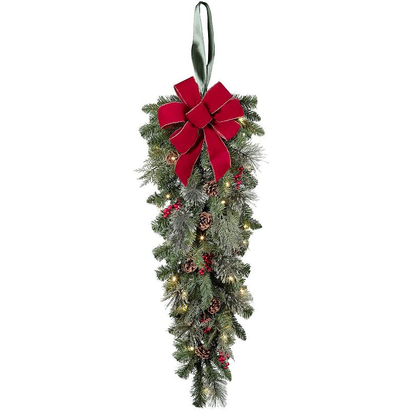 Haute Decor Classic 3 Foot Pre-lit Christmas Swag Garland with 30 LED Lights, Red Bow, Greenery Tips, Faux Berries, and Real Pinecones, Warm White