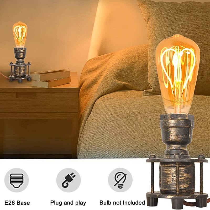 Vintage Industrial Steampunk Table Lamp, Mini Retro Gold Brass Metal Pipe Nightlights Desk Lamp for Bedside Bedroom Living Room Kids Room Decor(No Bulbs)