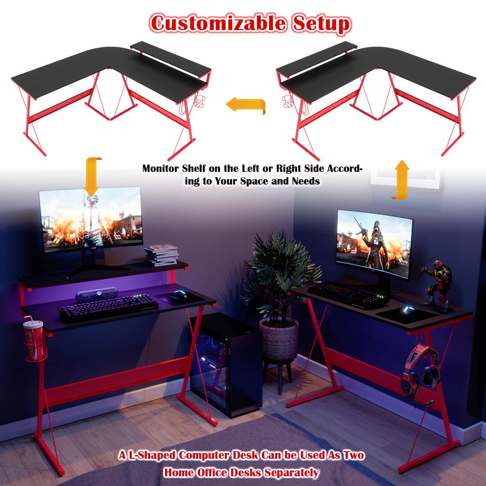 Bestier 55.2" Gaming Desk Racing Style PC Computer Desk L-Shaped Desk Corner Home Office Table with Ergonomic Monitor Stand & RGB Strip Light & Multifunctional Hook (Black Carbon Fiber)