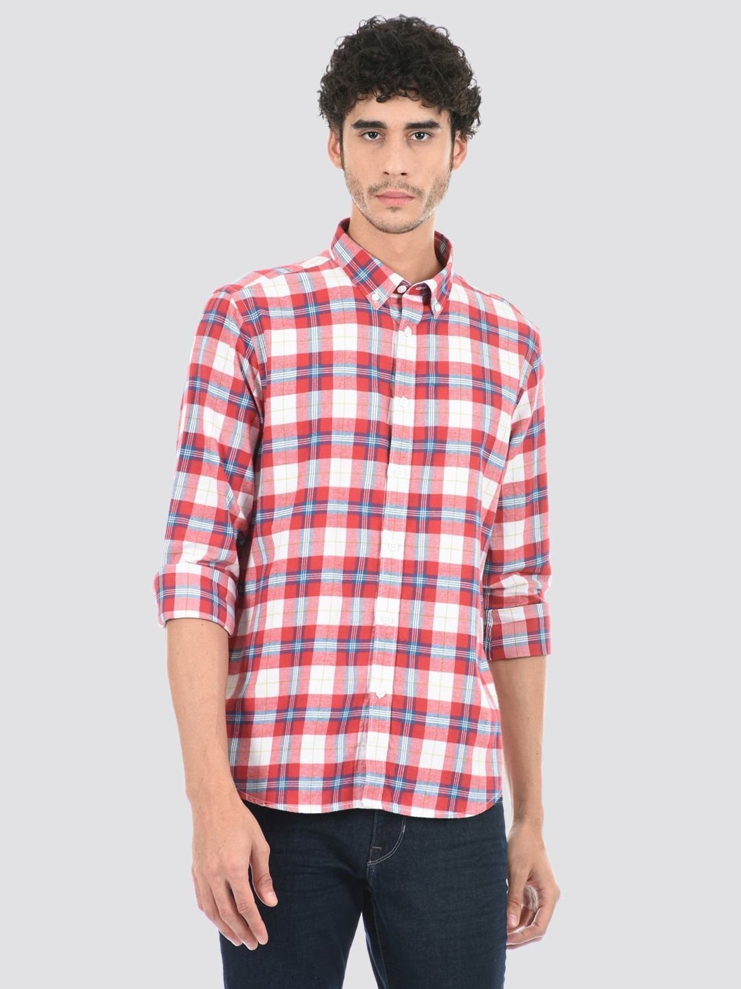 London Fog Red Regular Fit Checks Shirt