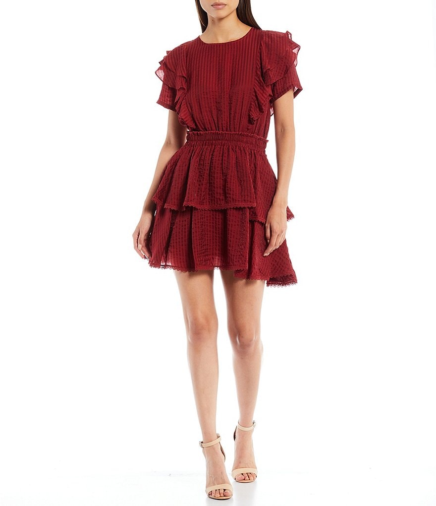 Shabby Chic Gibson Textured Stripe Cascade Double Ruffle Detail Short Sleeve Crochet Trim Tiered Mini Dress