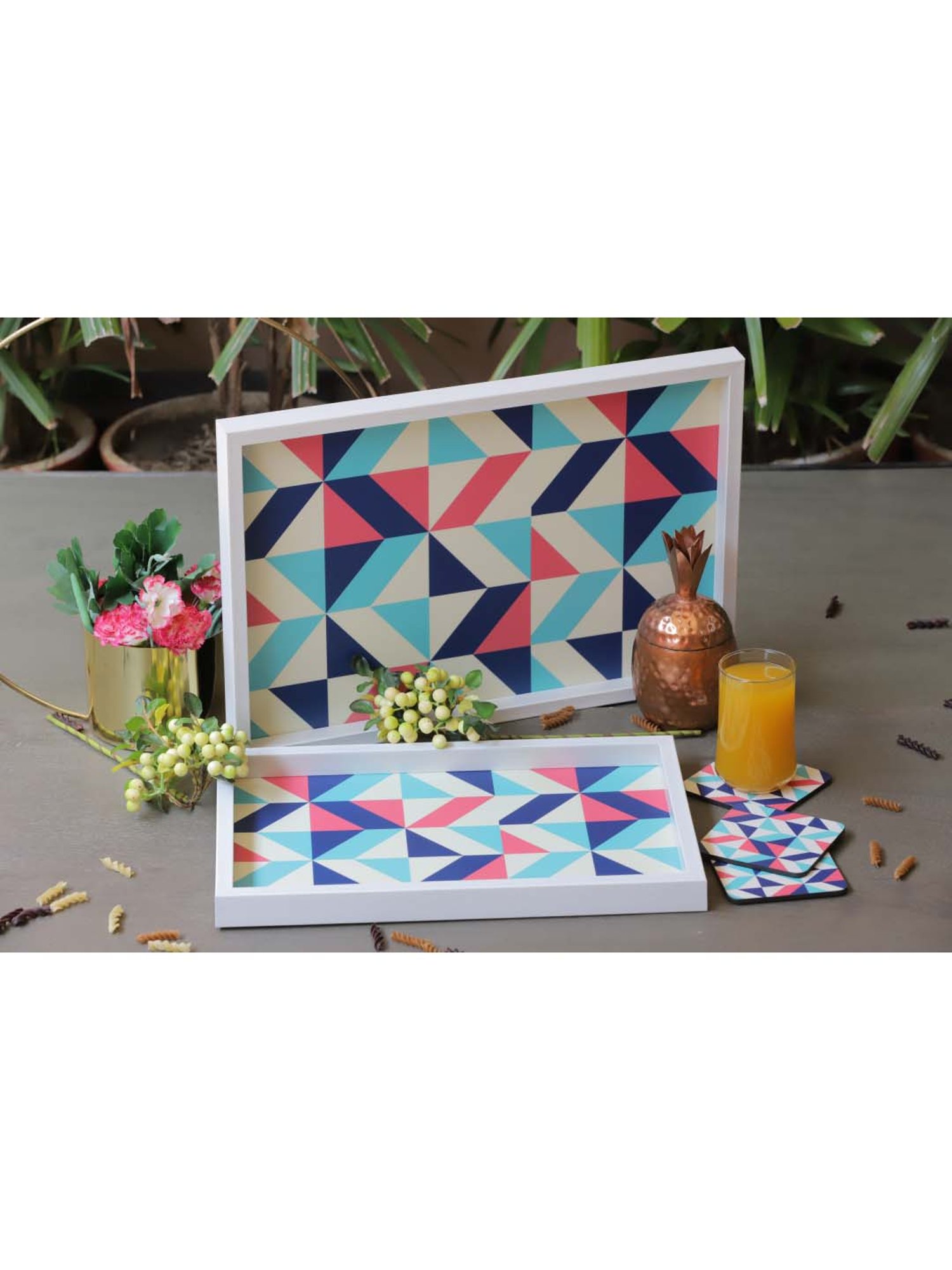 ICRAFT Geometric Series Blue & Pink MDF Serving Tray - Set of 1