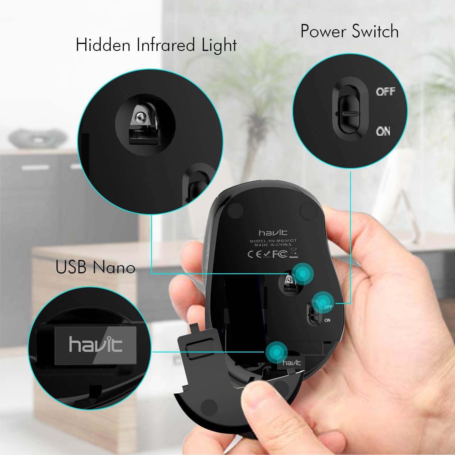 Havit 2.4G Wireless Mouse 2000DPI Optical Mini Portable Mobile with USB Receiver, 3 Adjustable DPI Levels, 4 Buttons for Notebook, PC, Laptop, Computer, MacBook (Black)