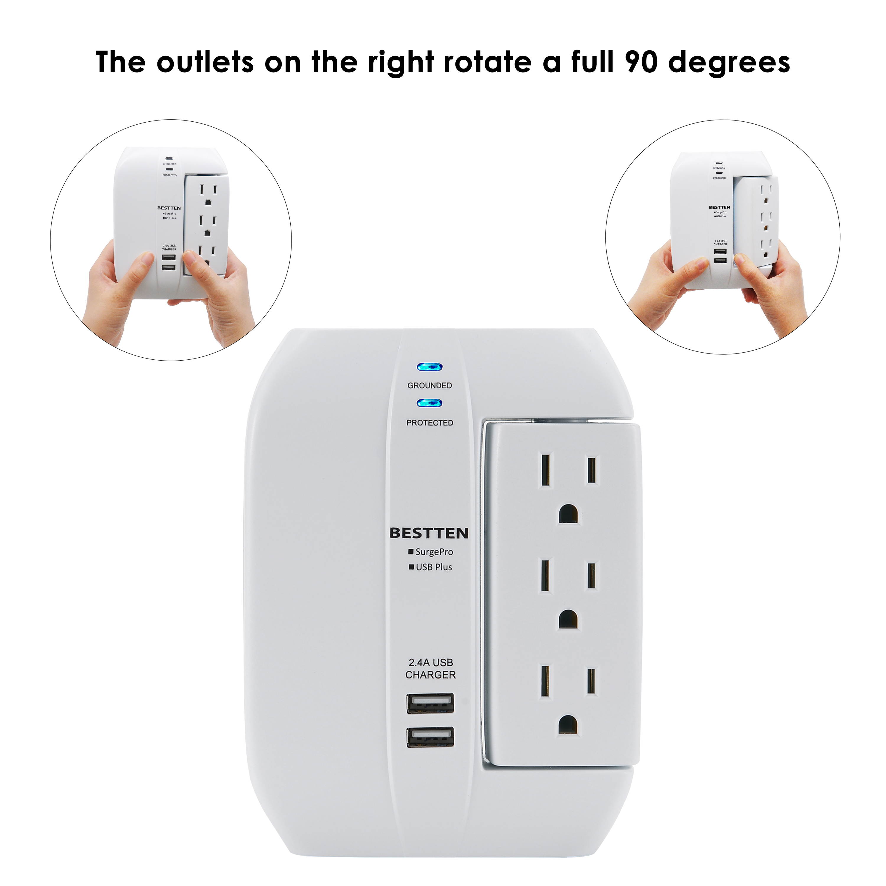 BESTTEN 6 Outlet (3 Swivel) Side Wall Tap Adapter, Surge Protector with 2 USB Charging Ports (2.4A total), 1350 Joule Surge Suppressor, ETL Certified, White