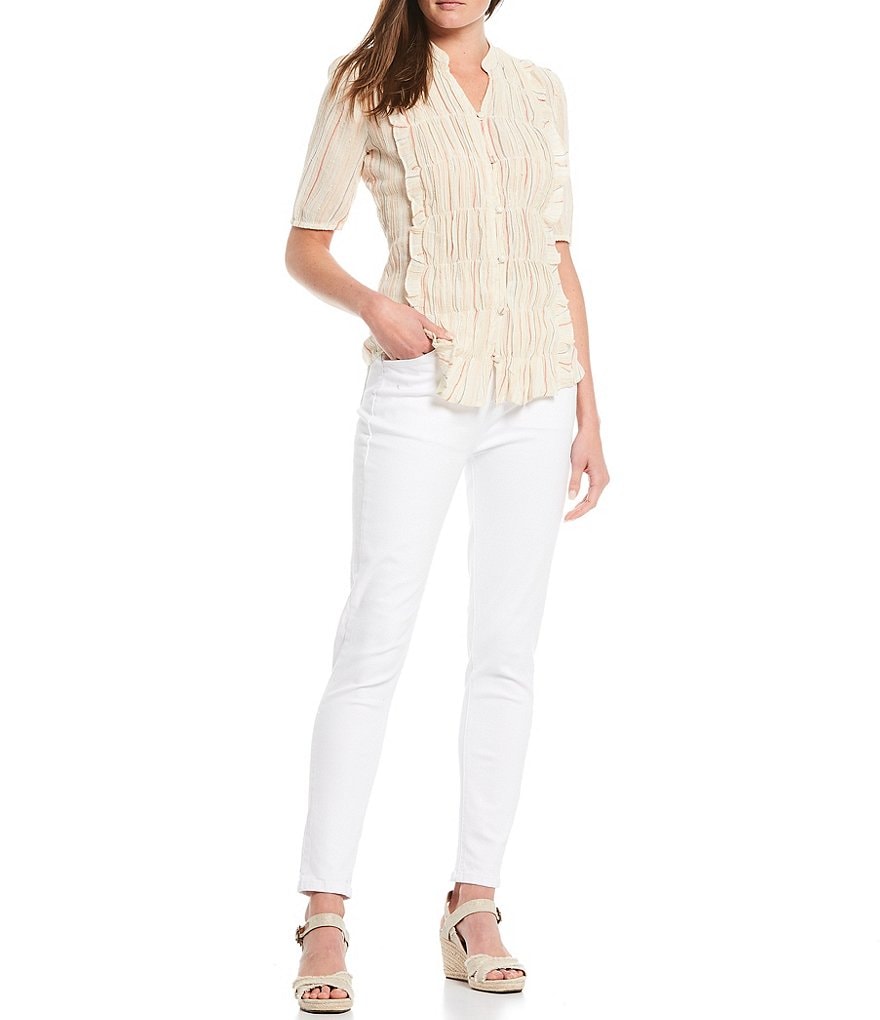 Reba Crinkle Stripe Band Collar Button Down Pleated Ruffle Blouse