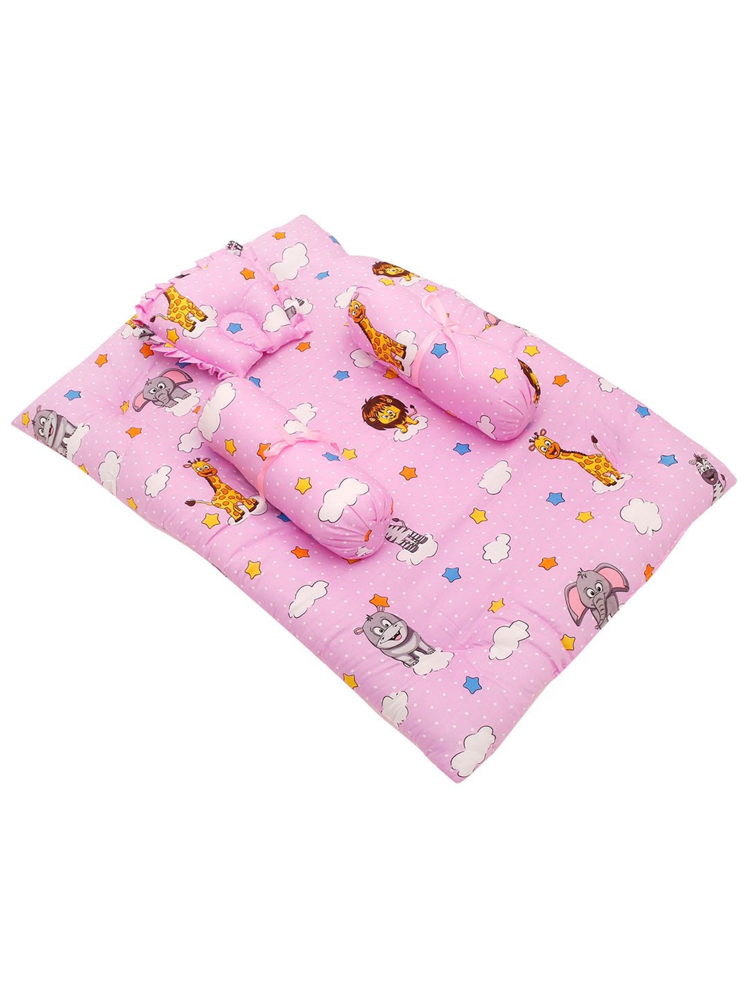 Baby Moo Flying Animals Pink Mattress Set with Neck Pillow and Bolsters