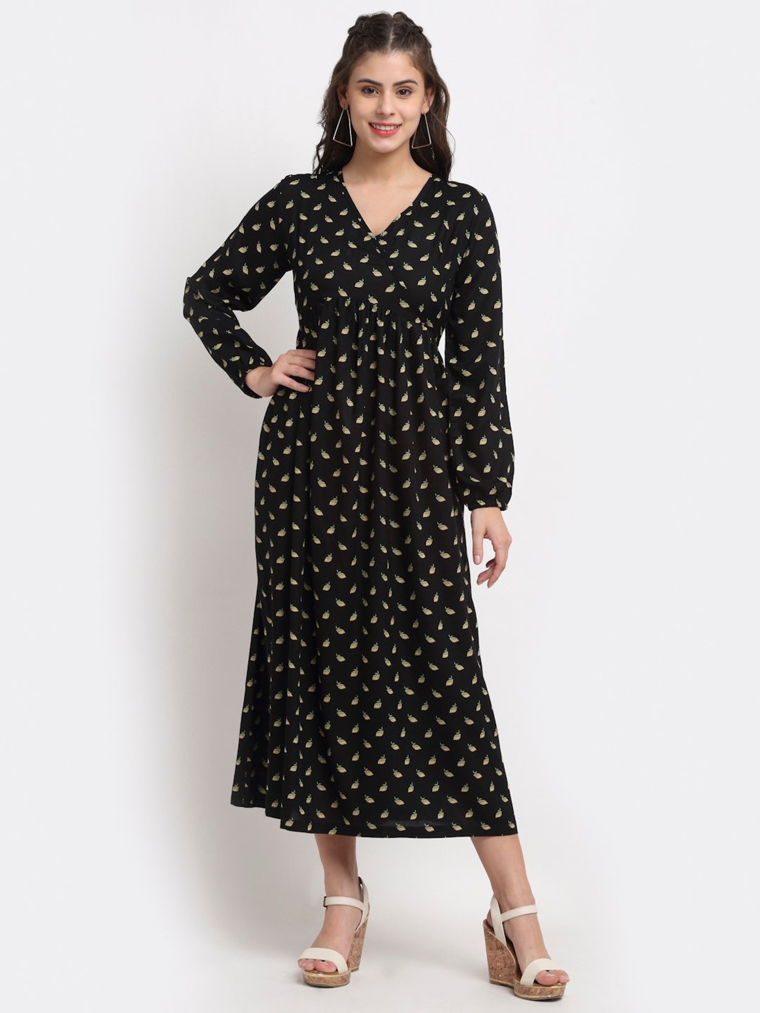 BRINNS Black Floral Print Midi A Line Dress