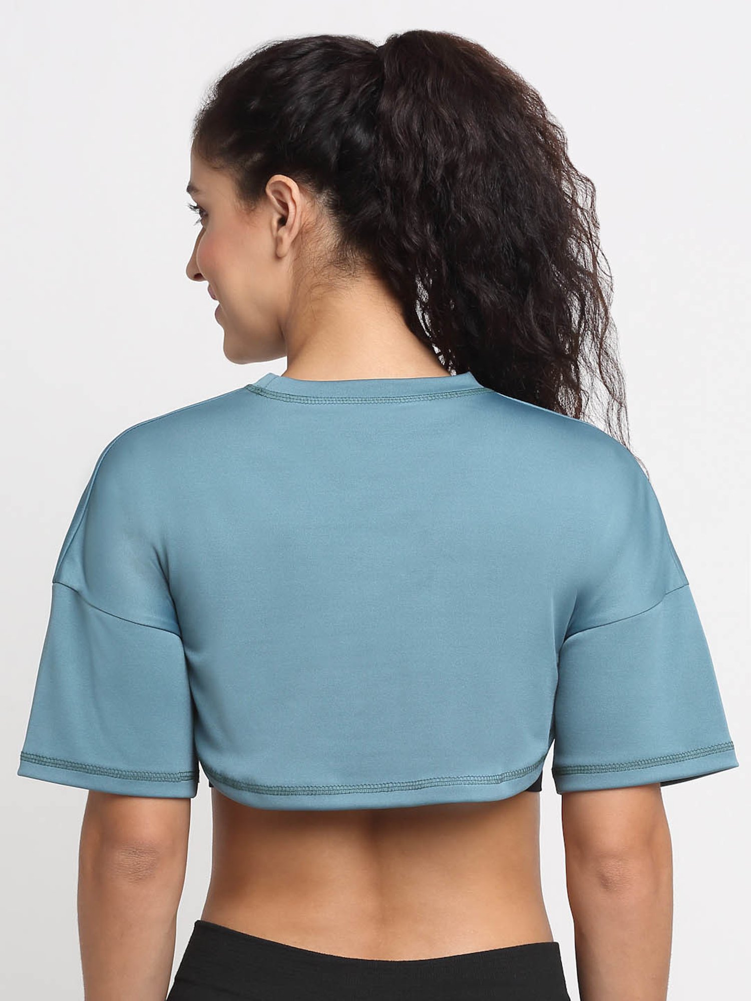 EVERDION Ice Blue  Round Neck Crop T-Shirt