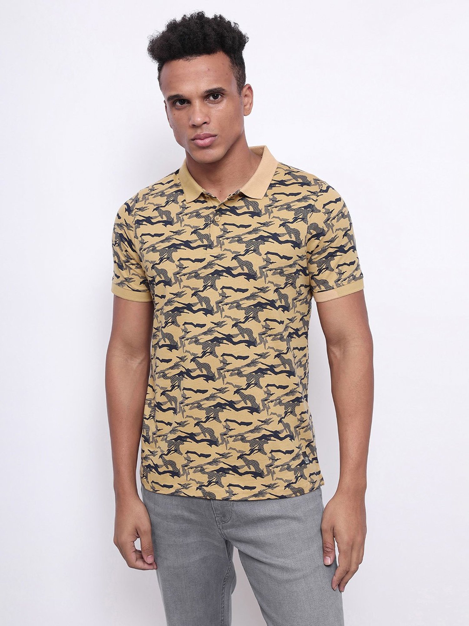 Lee Beige Slim Fit Printed Polo T-Shirt
