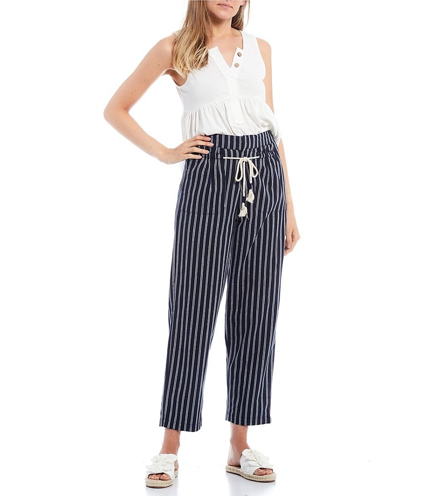 Coco + Jaimeson Mid-Rise Rope Belted Striped Crop Pants