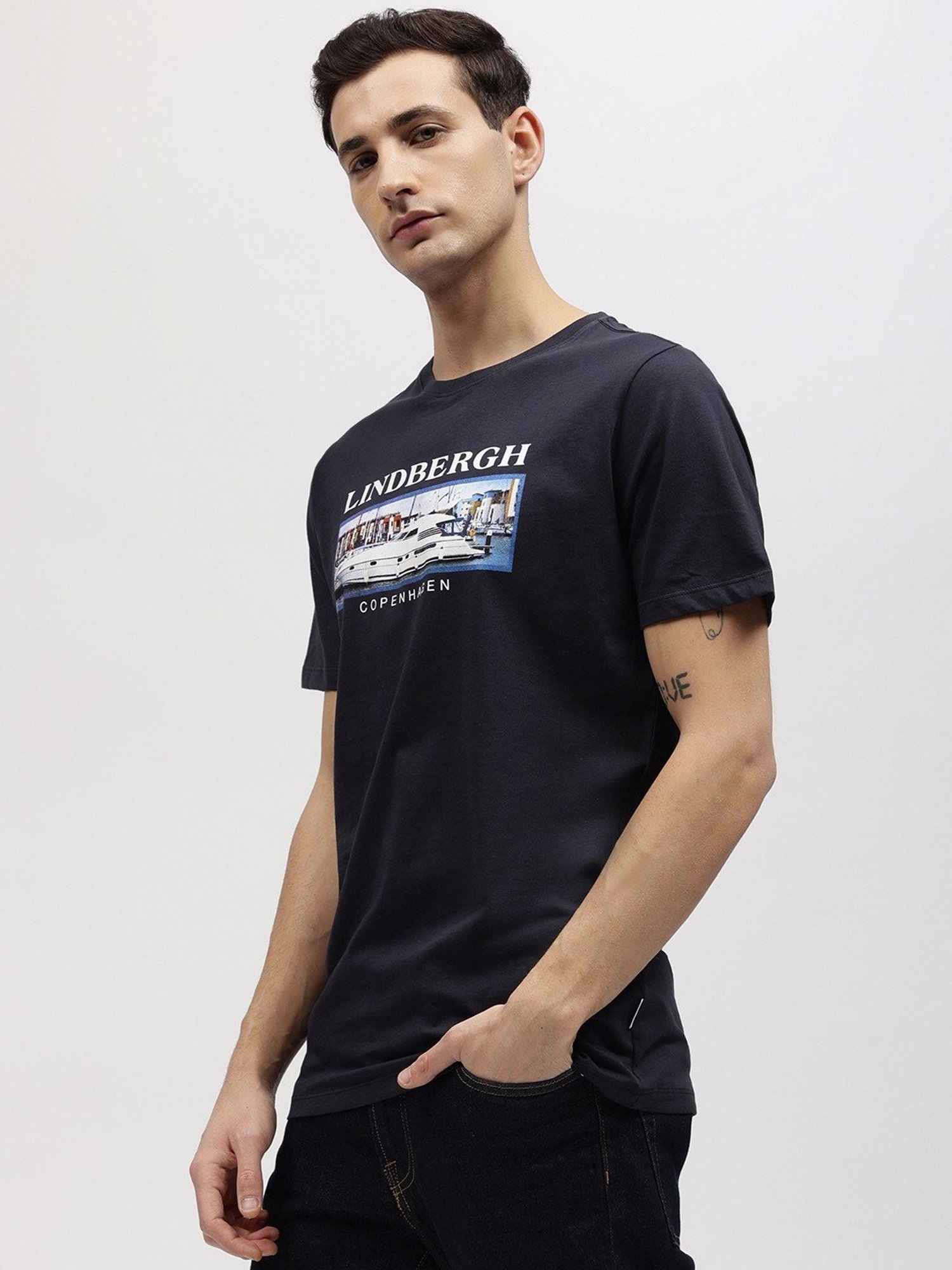 Lindbergh Blue Cotton Regular Fit Printed T-Shirt