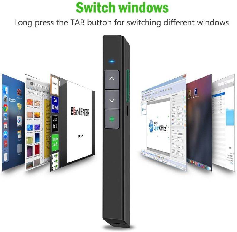 DinoFire Presentation Powerpoint Clicker Wireless Presenter Rechargeable Green Light USB Remote Control Hyperlink Volume Control Slide Advancer 2.4GHz with Case