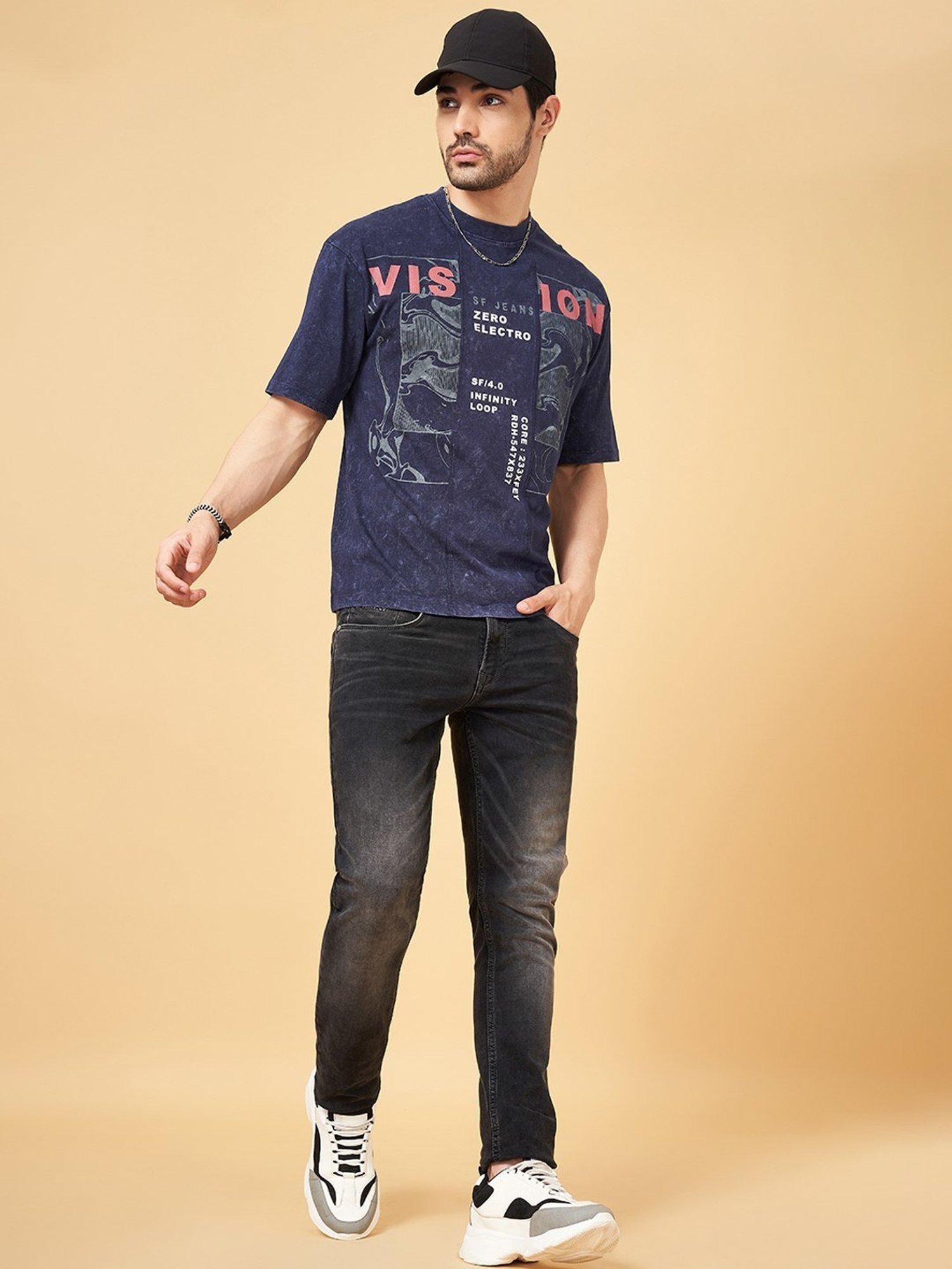Sf Jeans By Pantaloons Faded Denim Cotton Regular Fit Printed T-Shirt