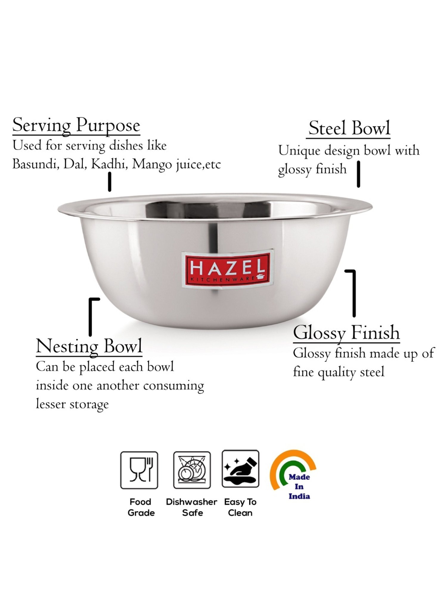 HAZEL Stainless Steel Mixing Bowl Set -2 Mixing Bowl For Cake Batter Steel Bowl Big Size For Baking