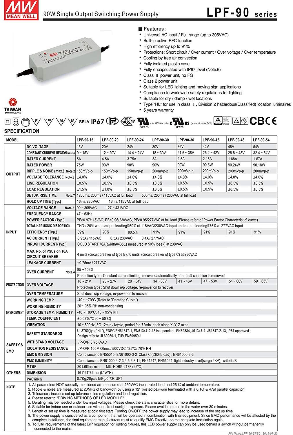 LED Power Supplies 90W 30V 3A 90-305VAC W/PFC