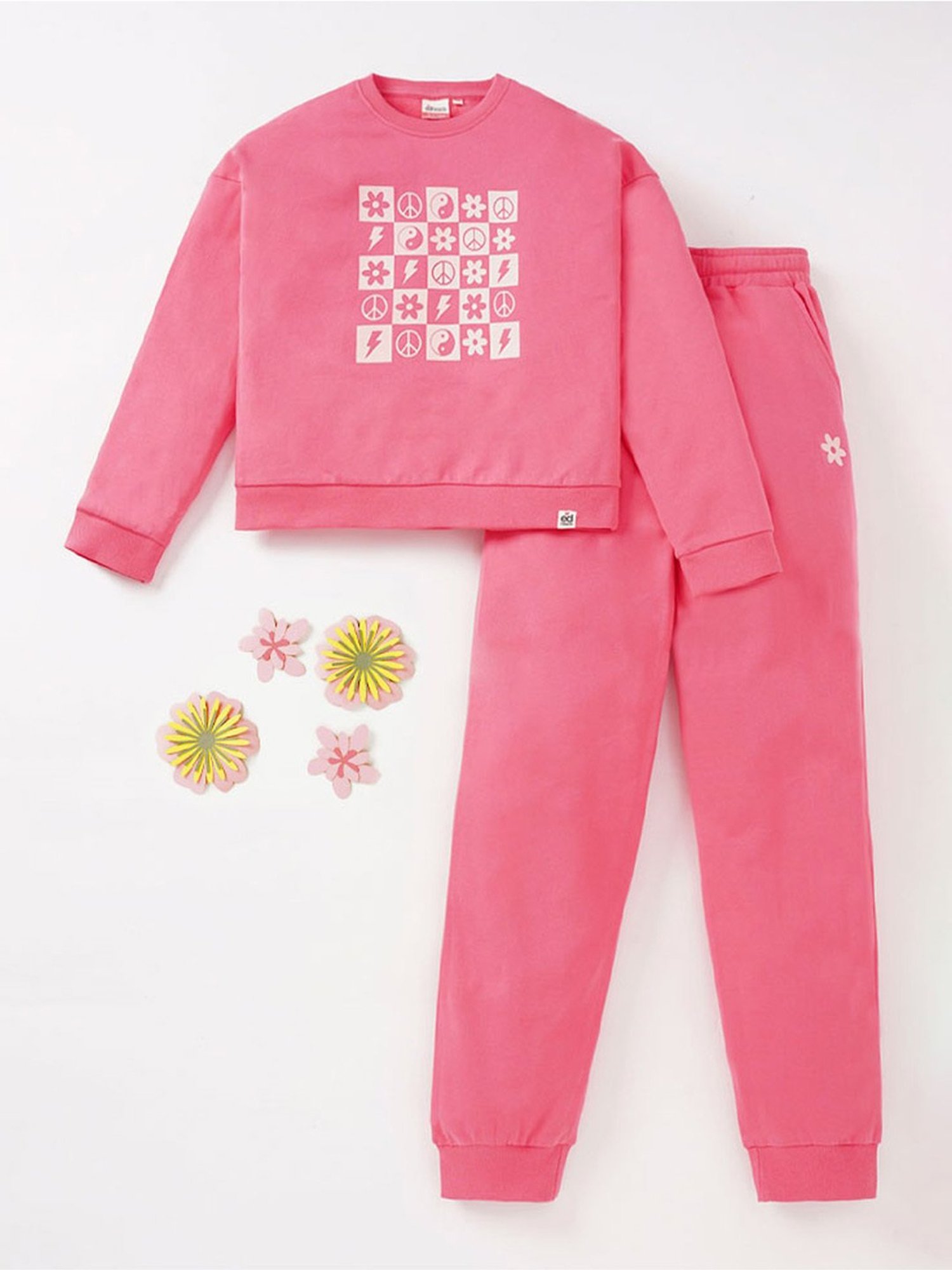 Edheads Kids Pink Cotton Printed Full Sleeves Sweatshirt Set