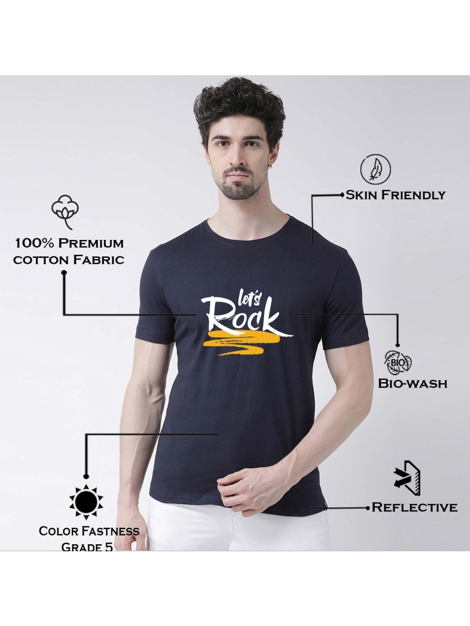 Friskers Navy Blue Cotton Slim Fit Printed T-Shirt