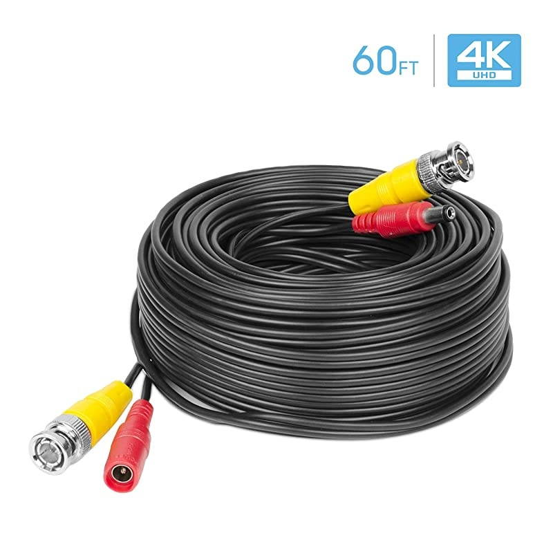 4K Security Camera Cable 60FT BNC Cable Camera Wire CCTV PreMade AllinOne Video and Power Cable for Security Camera HDCVI HDTVI Camera Analog DVR SCABLE4K60BPP