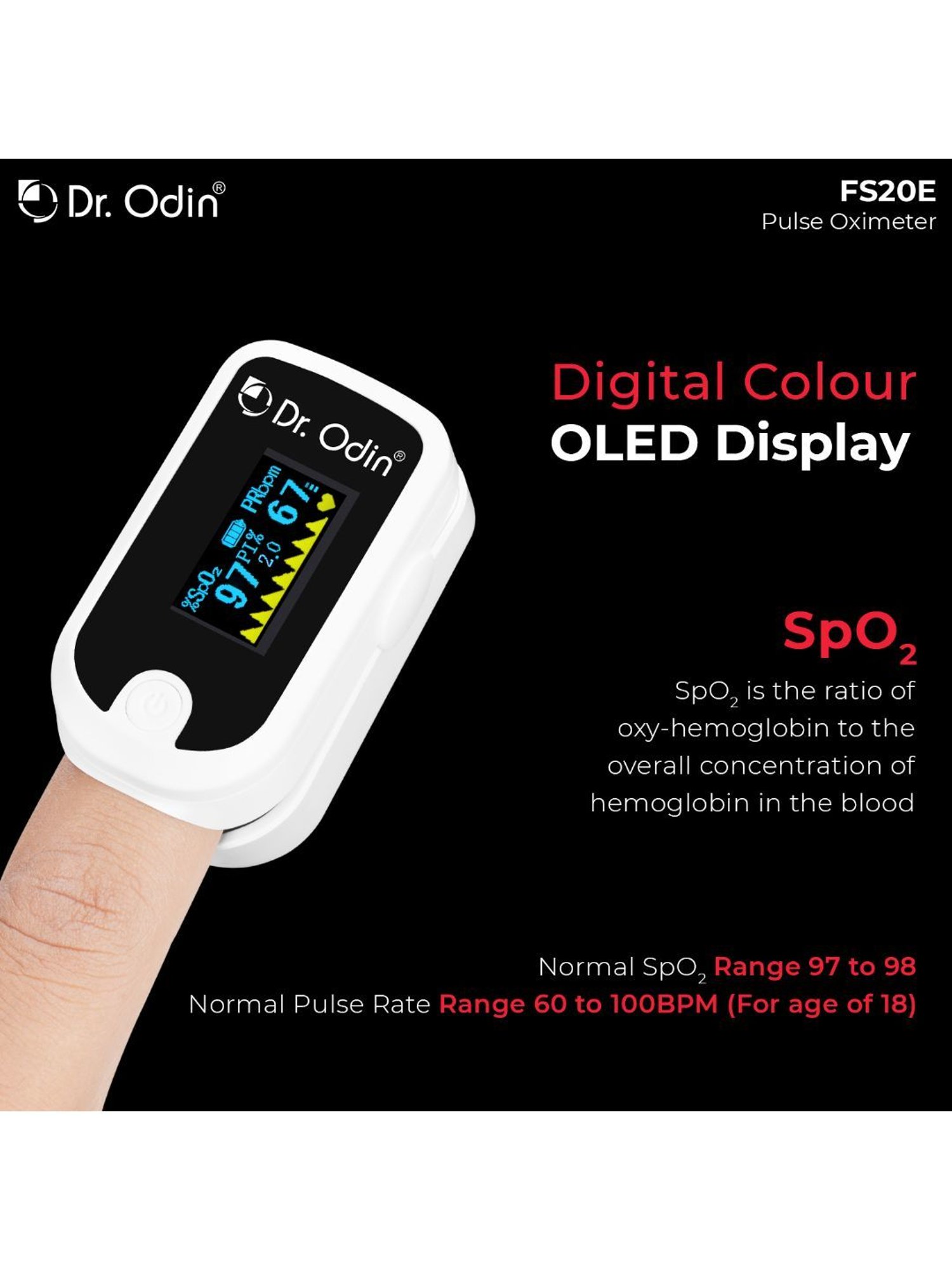 Dr. Odin PI FS20E Fingertip Pulse Oximeter Plus (White)