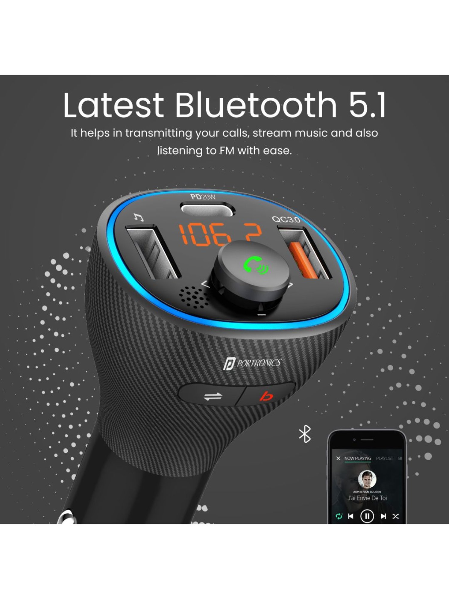 Portronics Auto 15 POR-1265 Car Radio Adapter with Bluetooth and FM Transmitter (Black)