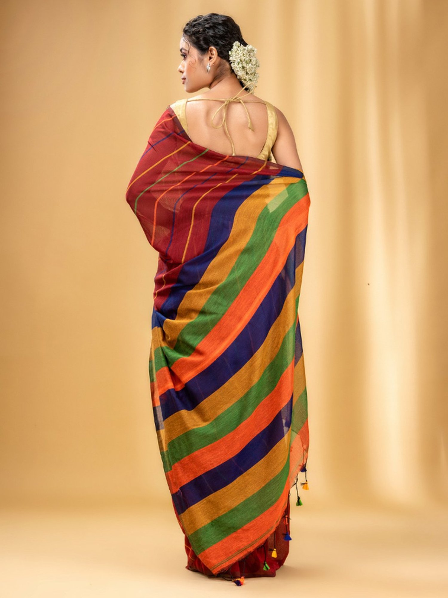 CHARUKRITI Brick Red Cotton Striped Saree With Unstitched Blouse