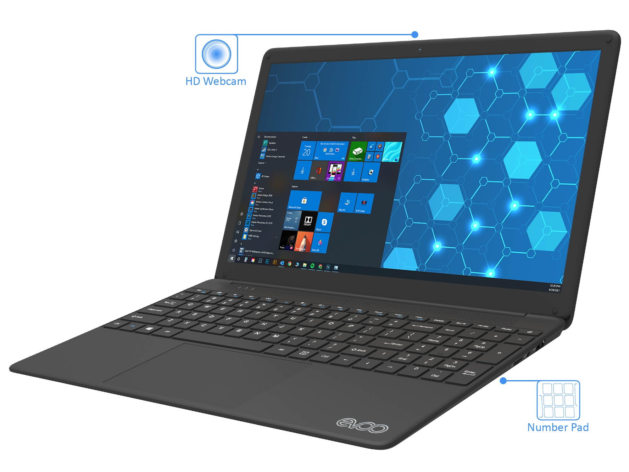 EVOO Ultra Thin Notebook, 15.6" FHD Display, Intel Core i7-6660U Upto 3.4GHz, 8GB RAM, 256GB SSD, HDMI, Card Reader, Wi-Fi, Bluetooth, Windows 10 Home (EVC156-1BK)