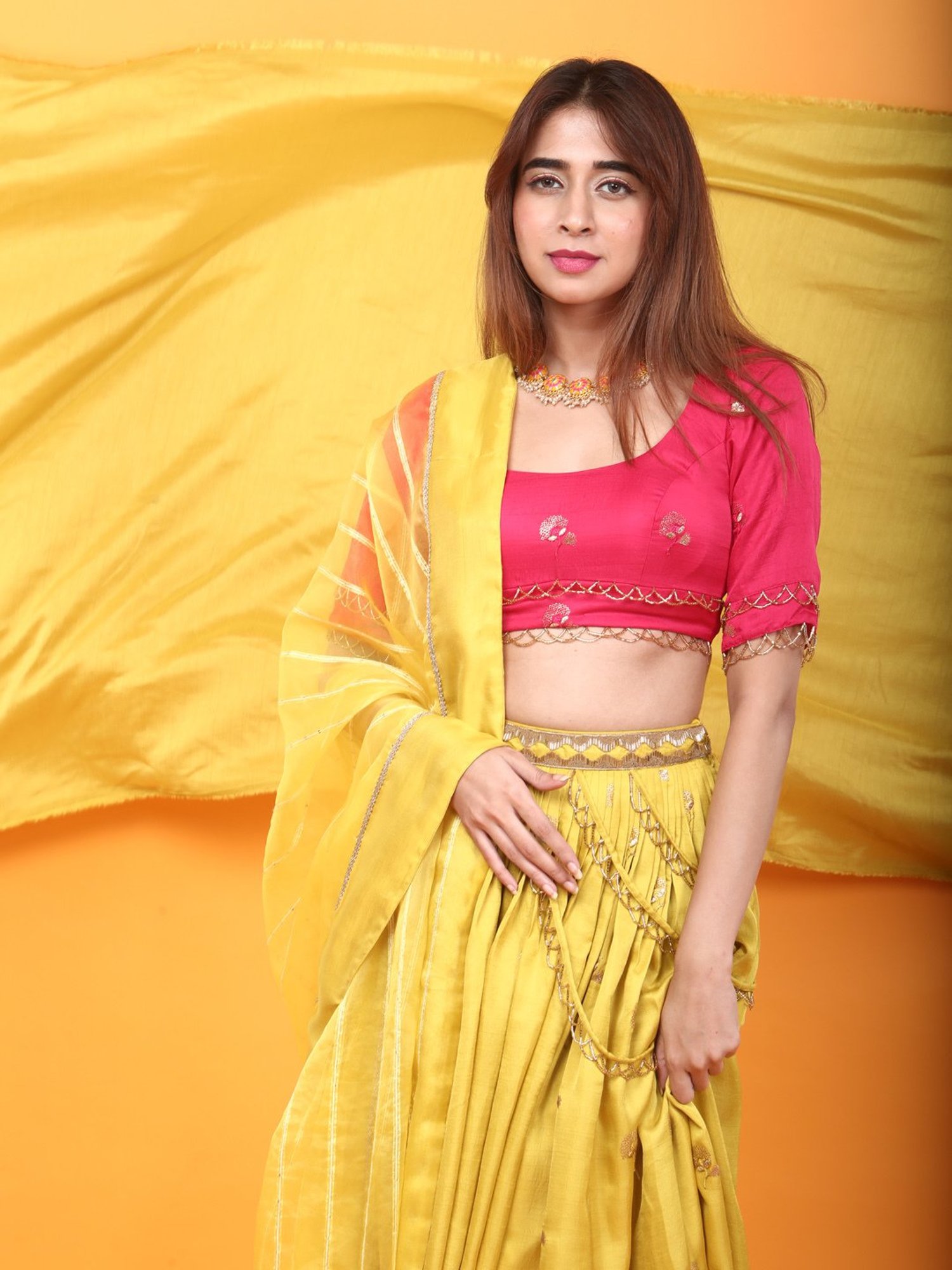 Monk & Mei Gulkari Lehenga and Blouse Set-Fuchsia Pink & Canary Yellow