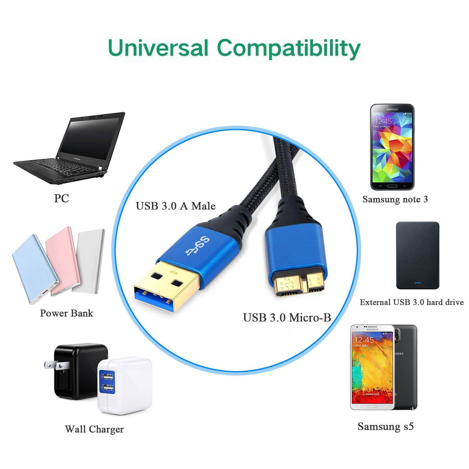 Galaxy S5 Charging Cable, Besgoods 3-Pack 6ft Braided Micro USB 3.0 Cable USB A Male to Micro B Charger Cable Compatible for Samsung Galaxy S5, Note 3, Hard Drive - Black White Blue